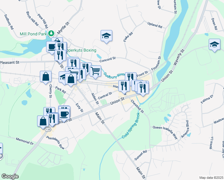map of restaurants, bars, coffee shops, grocery stores, and more near 173 Homer Avenue in Ashland