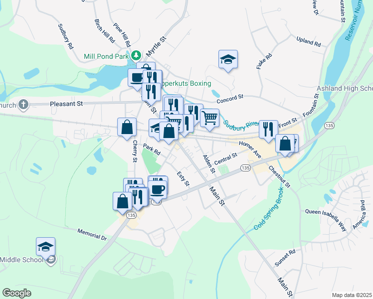 map of restaurants, bars, coffee shops, grocery stores, and more near 25 Homer Avenue in Ashland