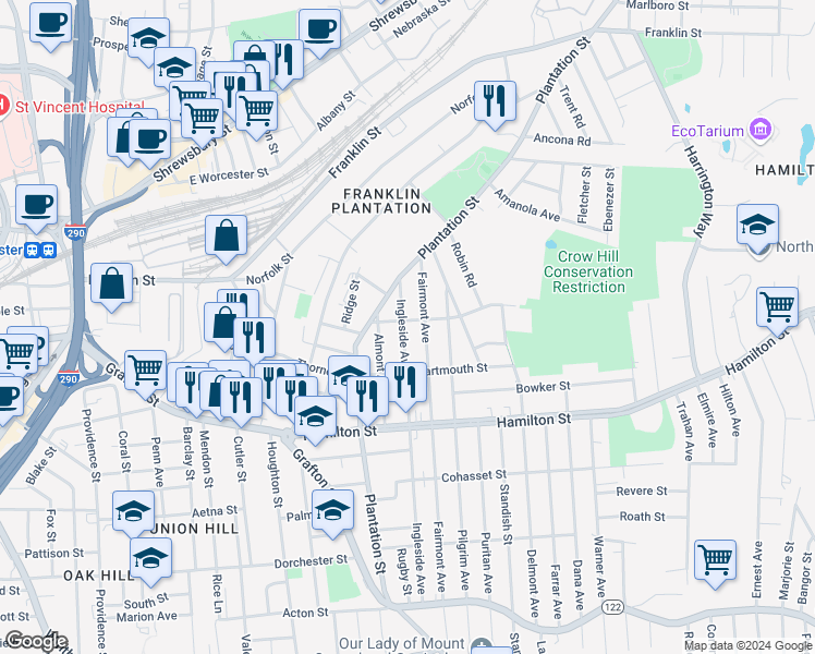 map of restaurants, bars, coffee shops, grocery stores, and more near 6 Clarendon Street in Worcester