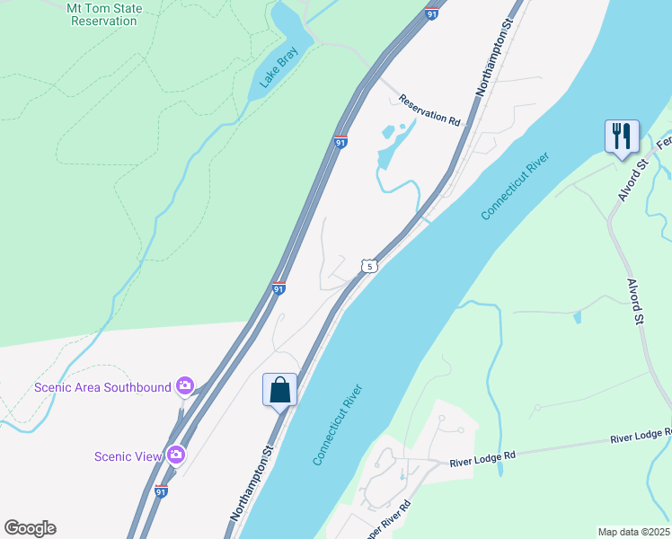 map of restaurants, bars, coffee shops, grocery stores, and more near 593 Northampton Street in Holyoke
