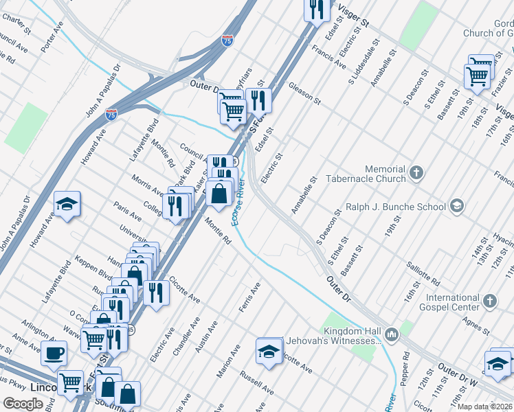 map of restaurants, bars, coffee shops, grocery stores, and more near 26187 West Outer Drive in Detroit
