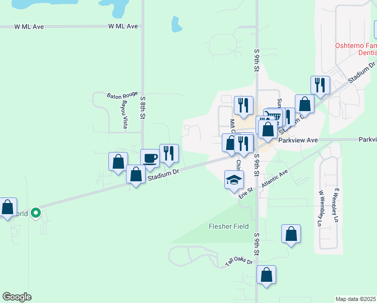 map of restaurants, bars, coffee shops, grocery stores, and more near 6730 Andover Drive in Kalamazoo