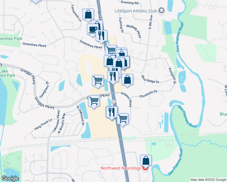 map of restaurants, bars, coffee shops, grocery stores, and more near 1484 Milwaukee Avenue in Libertyville