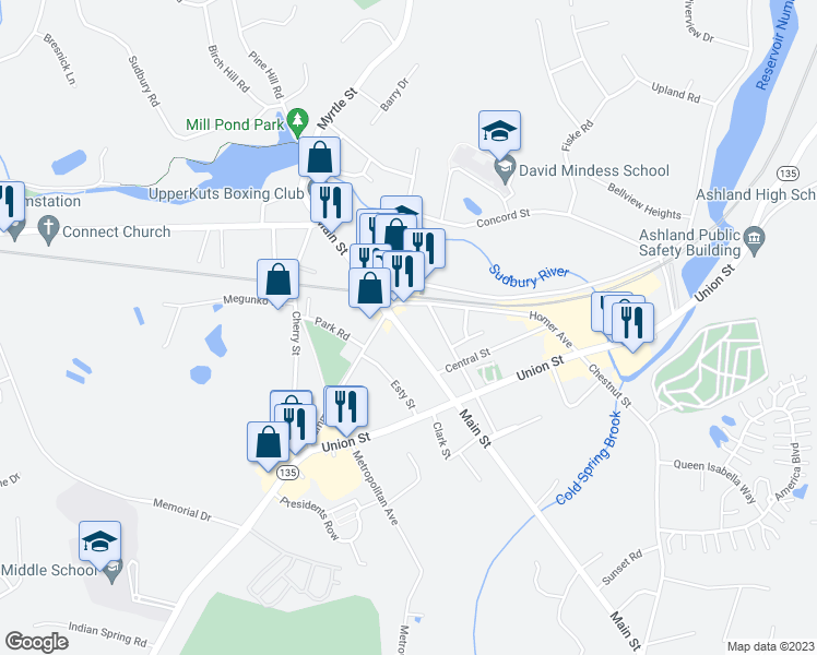 map of restaurants, bars, coffee shops, grocery stores, and more near 240 Main Street in Ashland