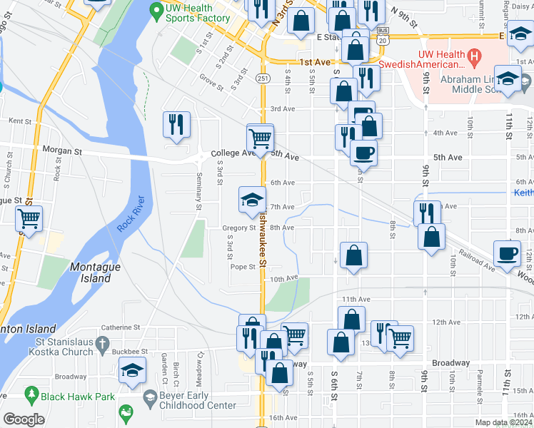 map of restaurants, bars, coffee shops, grocery stores, and more near 810 Kishwaukee Street in Rockford