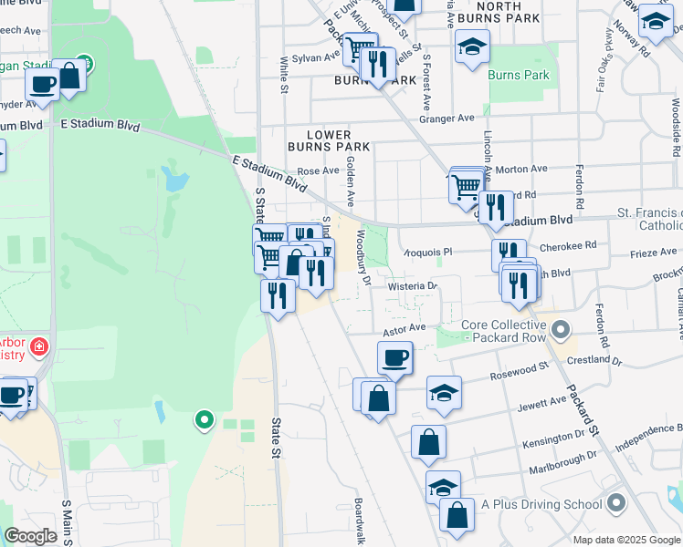 map of restaurants, bars, coffee shops, grocery stores, and more near 1919 South Industrial Highway in Ann Arbor