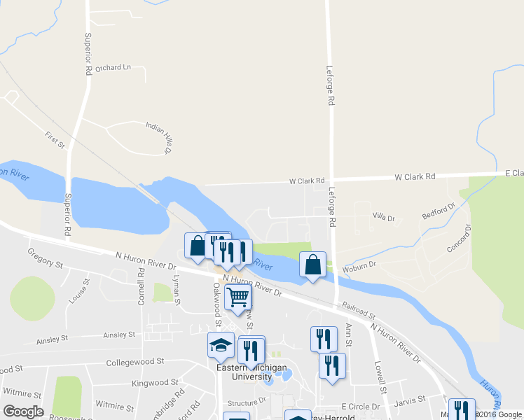 map of restaurants, bars, coffee shops, grocery stores, and more near 853 Green Road in Ypsilanti
