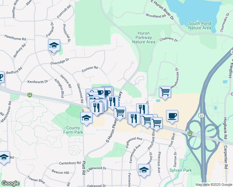 map of restaurants, bars, coffee shops, grocery stores, and more near 3203 Asher Road in Ann Arbor