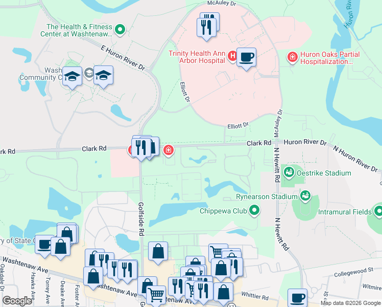 map of restaurants, bars, coffee shops, grocery stores, and more near 1476 West Chateau Vert in Ypsilanti