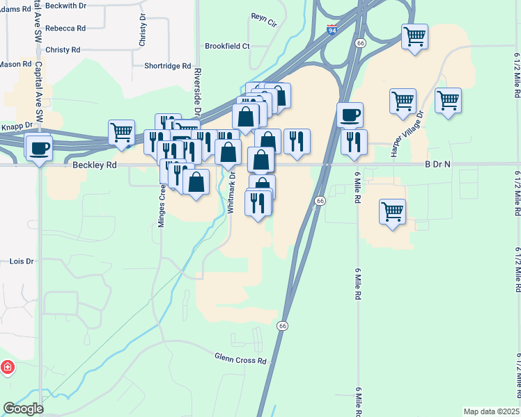 map of restaurants, bars, coffee shops, grocery stores, and more near 5700 Beckley Road in Battle Creek