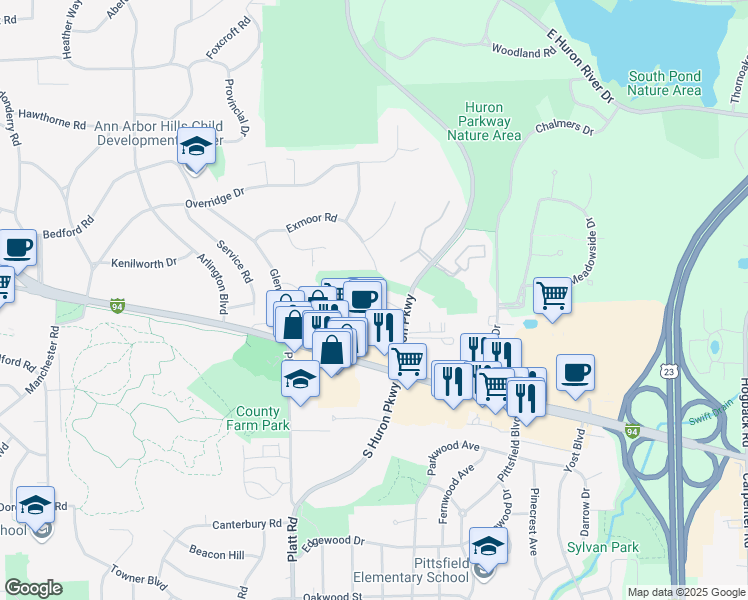 map of restaurants, bars, coffee shops, grocery stores, and more near 3161 Asher Road in Ann Arbor