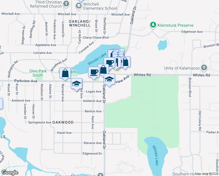 map of restaurants, bars, coffee shops, grocery stores, and more near 3215 Oakland Drive in Kalamazoo