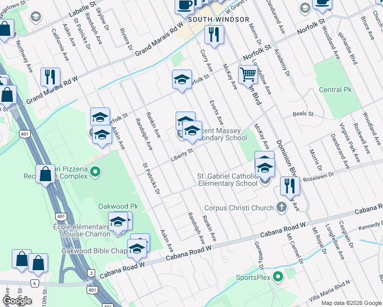 map of restaurants, bars, coffee shops, grocery stores, and more near 3401 Roxborough Boulevard in Windsor