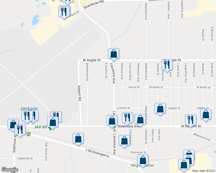 map of restaurants, bars, coffee shops, grocery stores, and more near 901 Evanston Drive in Jackson