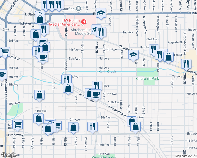 map of restaurants, bars, coffee shops, grocery stores, and more near 1505 7th Avenue in Rockford
