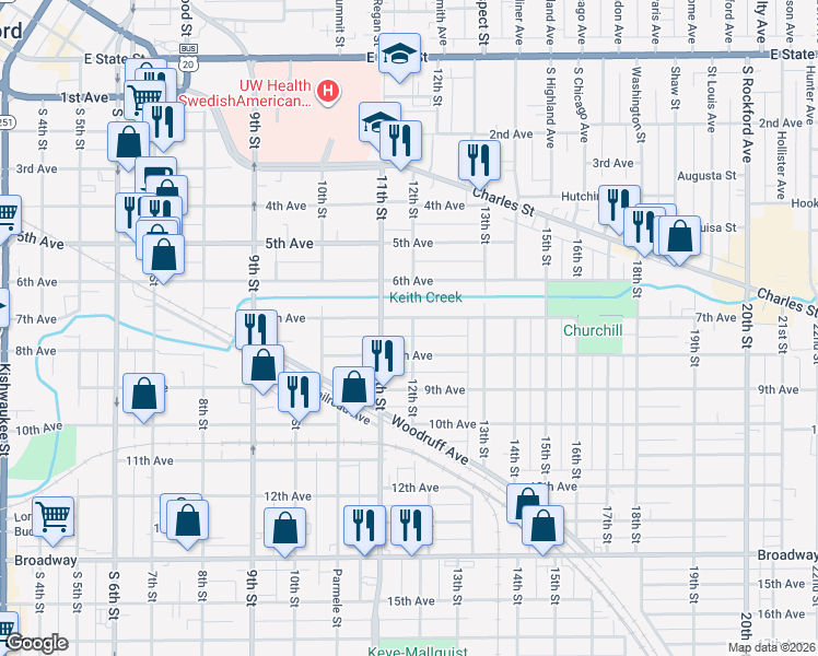 map of restaurants, bars, coffee shops, grocery stores, and more near 1510 7th Avenue in Rockford