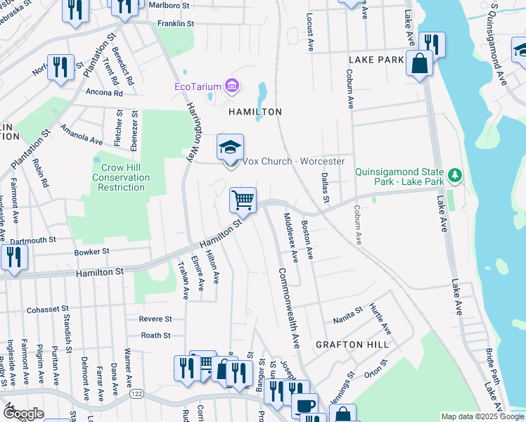 map of restaurants, bars, coffee shops, grocery stores, and more near 407 Hamilton Street in Worcester