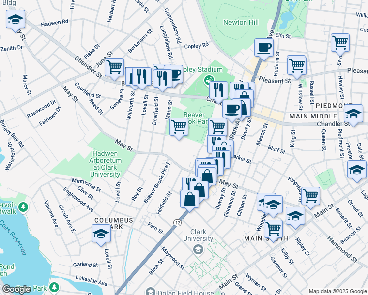 map of restaurants, bars, coffee shops, grocery stores, and more near 100 Mayfield Street in Worcester