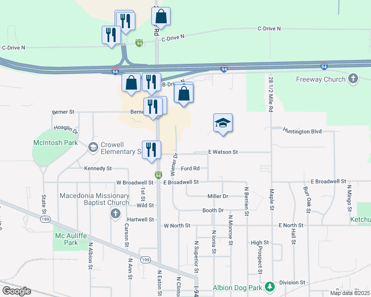 map of restaurants, bars, coffee shops, grocery stores, and more near 205 East Watson Street in Albion