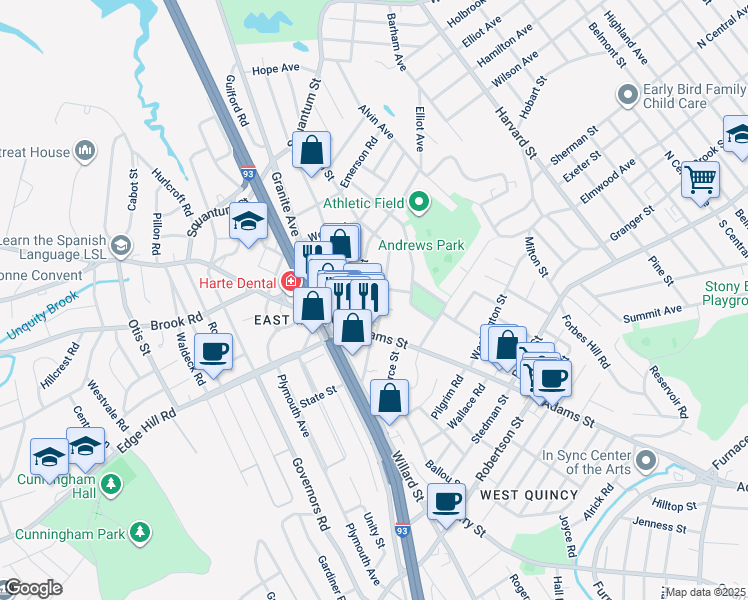 map of restaurants, bars, coffee shops, grocery stores, and more near 39 Franklin Street in Milton