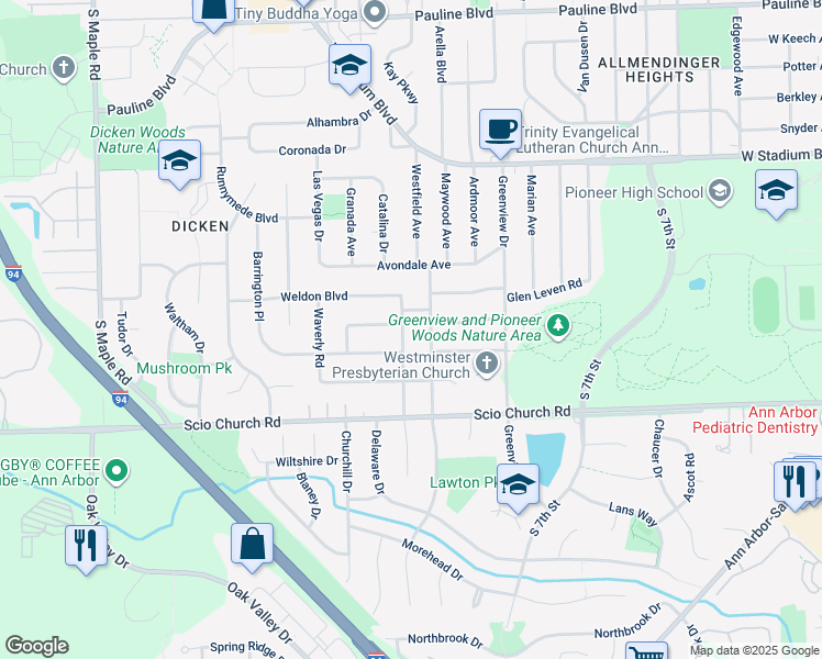 map of restaurants, bars, coffee shops, grocery stores, and more near 1631 Hartford Street in Ann Arbor