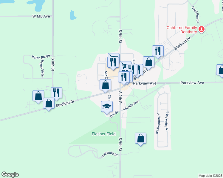 map of restaurants, bars, coffee shops, grocery stores, and more near 6574 Stadium Drive in Kalamazoo