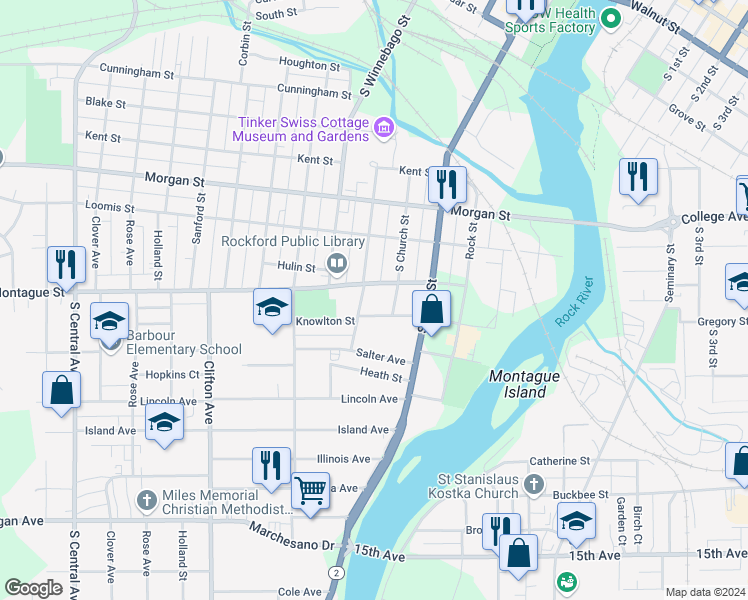 map of restaurants, bars, coffee shops, grocery stores, and more near 1306 South Court Street in Rockford