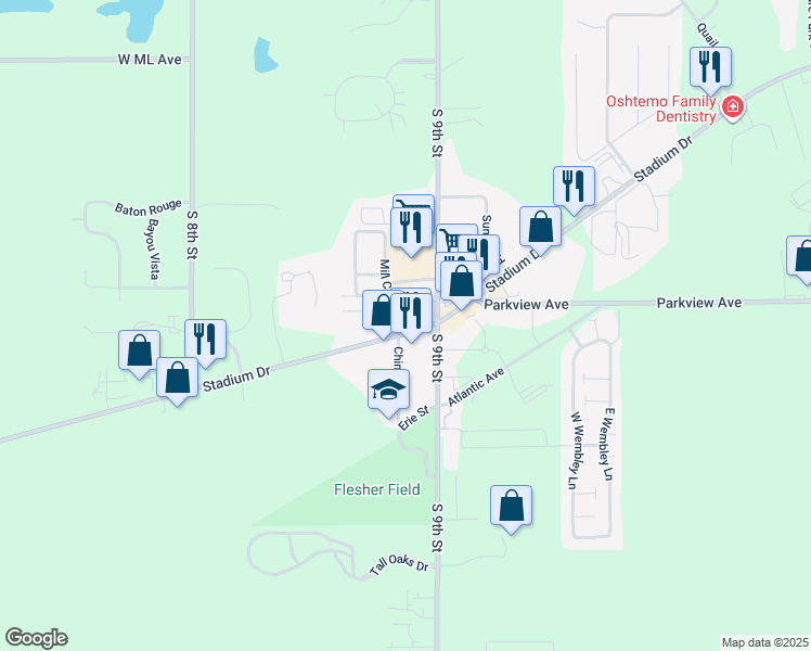 map of restaurants, bars, coffee shops, grocery stores, and more near 6574 Stadium Drive in Kalamazoo