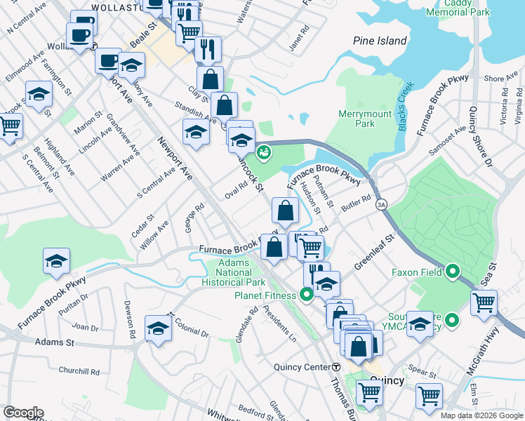 map of restaurants, bars, coffee shops, grocery stores, and more near 8 Gilmore Street in Quincy