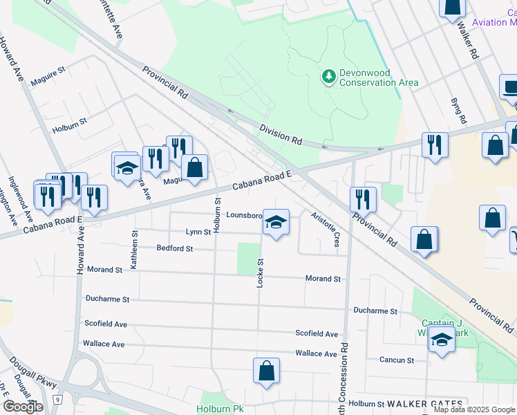 map of restaurants, bars, coffee shops, grocery stores, and more near 888 Lounsborough Street in Windsor