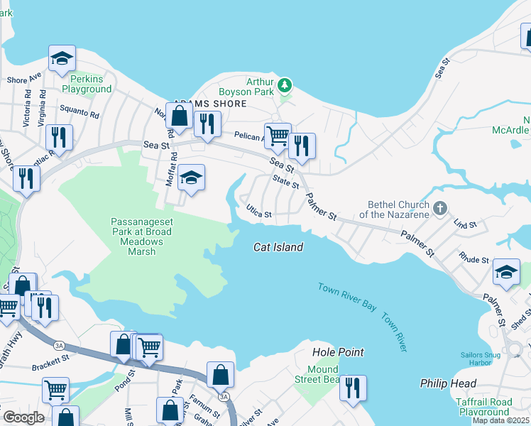 map of restaurants, bars, coffee shops, grocery stores, and more near 93 Utica Street in Quincy