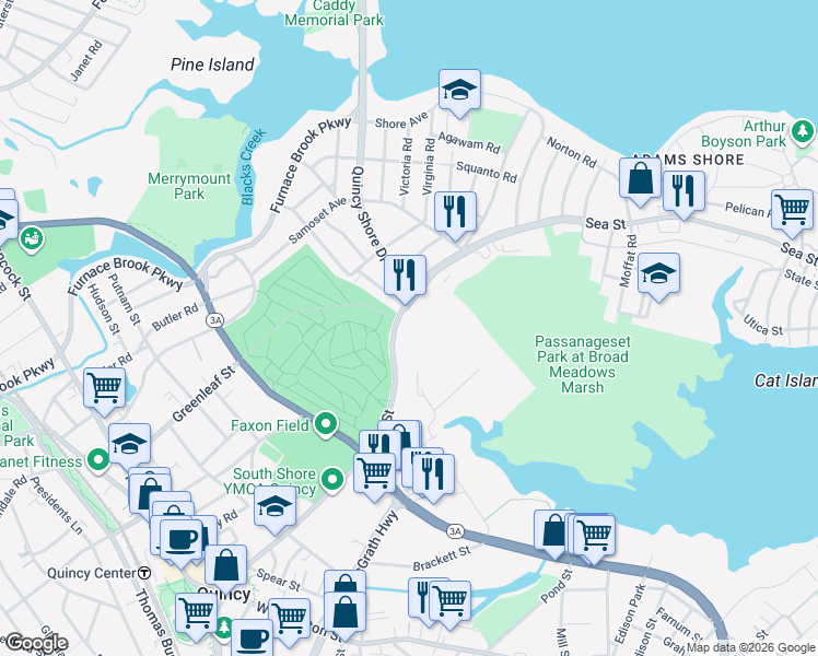 map of restaurants, bars, coffee shops, grocery stores, and more near 123 Sea Street in Quincy