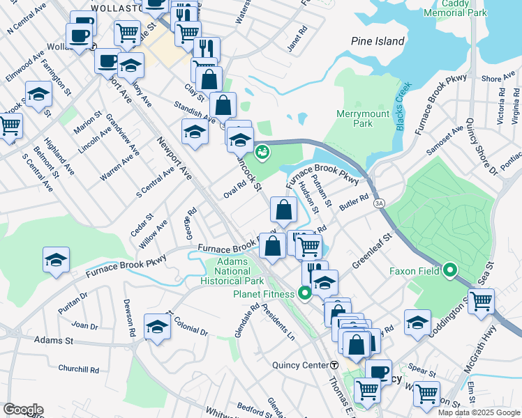 map of restaurants, bars, coffee shops, grocery stores, and more near 8 Gilmore Street in Quincy