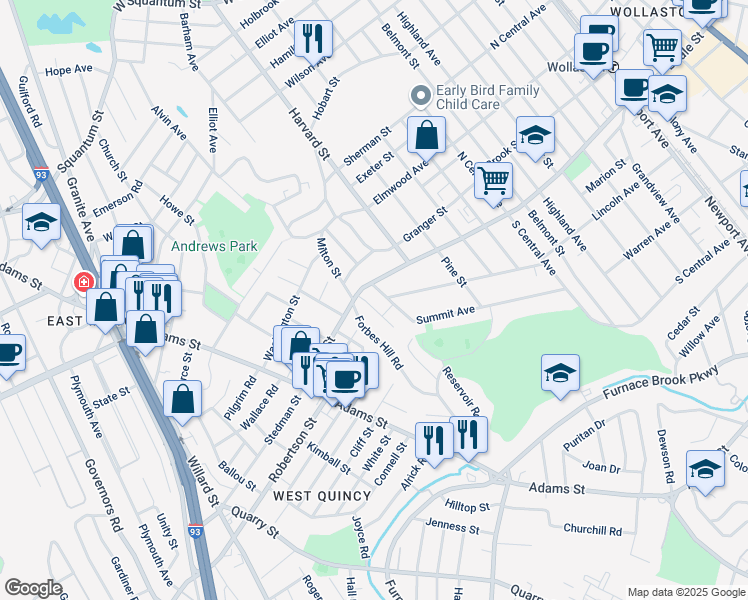 map of restaurants, bars, coffee shops, grocery stores, and more near 401 Beale Street in Quincy