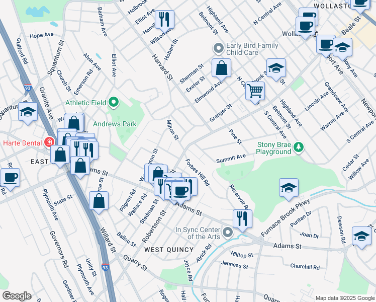 map of restaurants, bars, coffee shops, grocery stores, and more near 401 Beale Street in Quincy