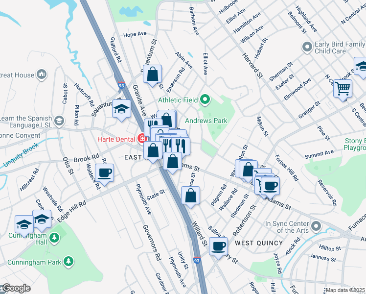 map of restaurants, bars, coffee shops, grocery stores, and more near 39 Franklin Street in Milton