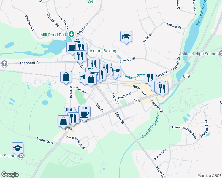 map of restaurants, bars, coffee shops, grocery stores, and more near 83-85 Homer Avenue in Ashland