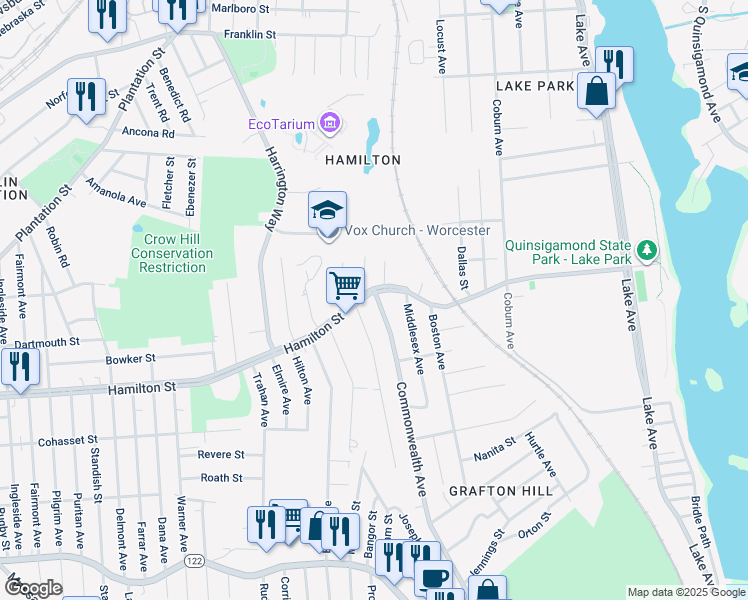 map of restaurants, bars, coffee shops, grocery stores, and more near 407 Hamilton Street in Worcester