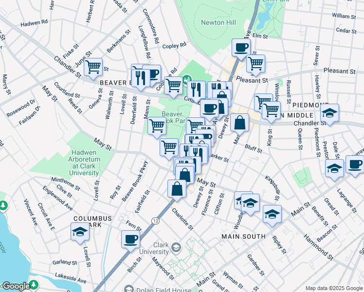map of restaurants, bars, coffee shops, grocery stores, and more near 87 Mayfield Street in Worcester