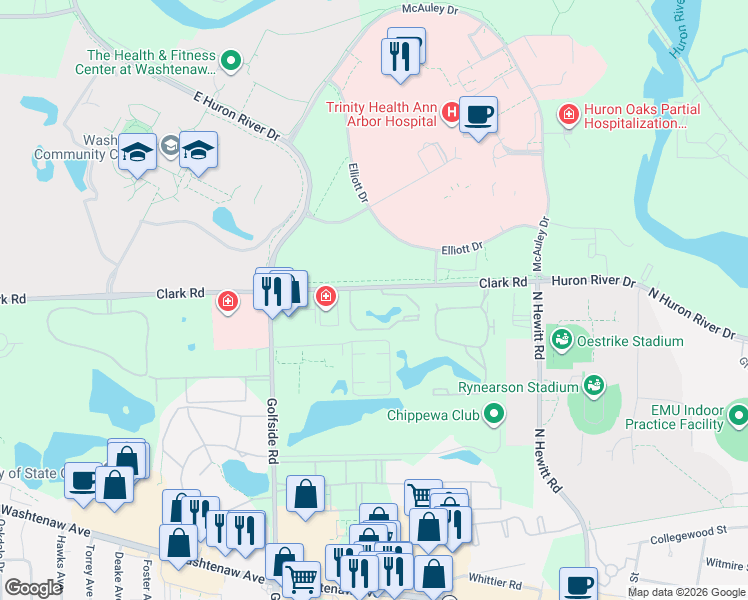 map of restaurants, bars, coffee shops, grocery stores, and more near 1476 West Chateau Vert in Ypsilanti