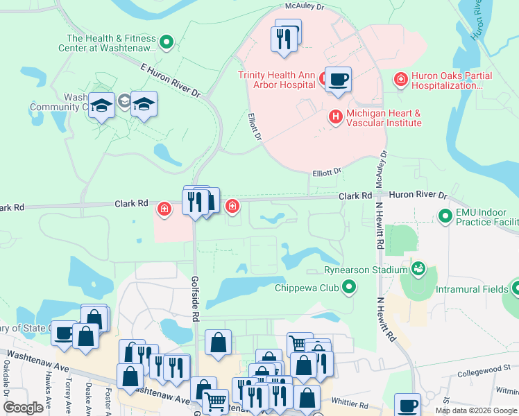 map of restaurants, bars, coffee shops, grocery stores, and more near 1476 West Chateau Vert in Ypsilanti