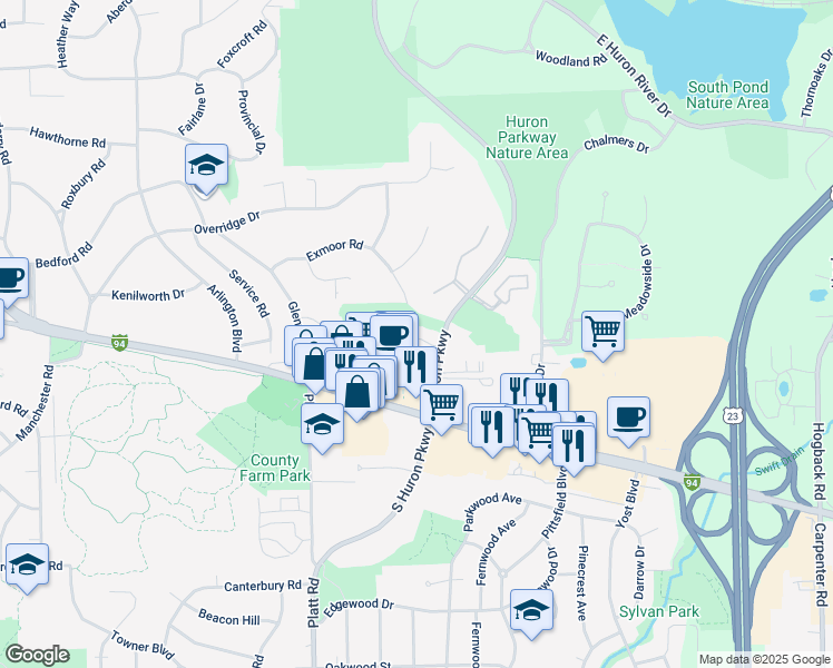map of restaurants, bars, coffee shops, grocery stores, and more near 3161 Asher Road in Ann Arbor