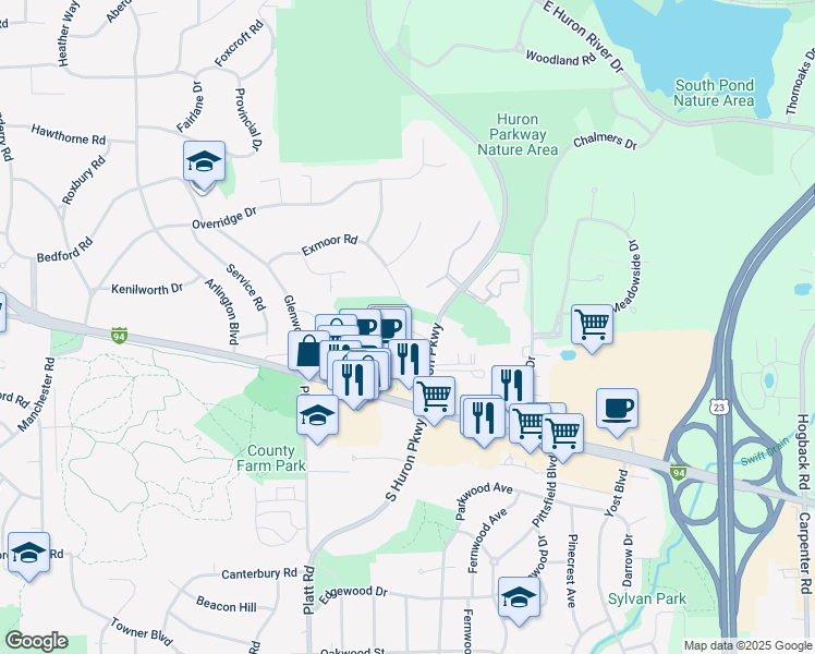 map of restaurants, bars, coffee shops, grocery stores, and more near 3161 Asher Road in Ann Arbor