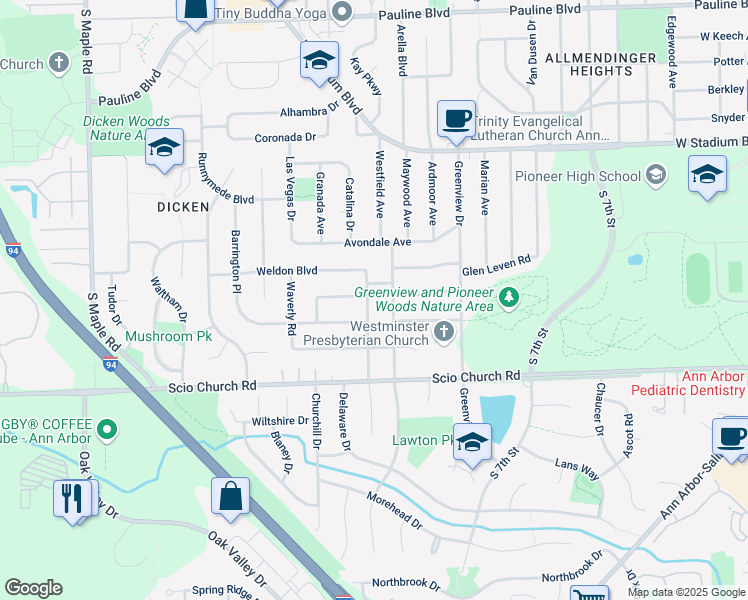 map of restaurants, bars, coffee shops, grocery stores, and more near 1631 Hartford Street in Ann Arbor