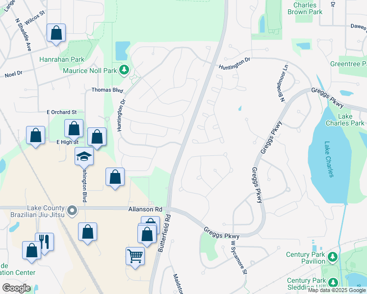 map of restaurants, bars, coffee shops, grocery stores, and more near 49 Knightsbridge Court in Mundelein