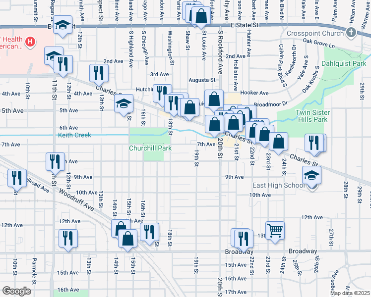 map of restaurants, bars, coffee shops, grocery stores, and more near 2223 7th Avenue in Rockford