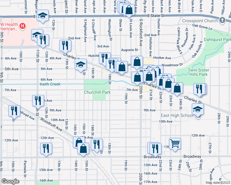 map of restaurants, bars, coffee shops, grocery stores, and more near 2223 7th Avenue in Rockford