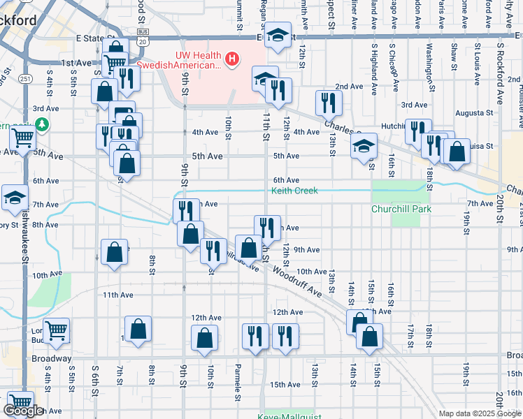 map of restaurants, bars, coffee shops, grocery stores, and more near 1510 7th Avenue in Rockford