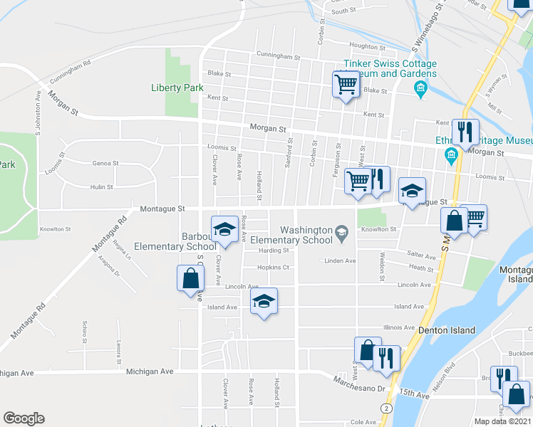 map of restaurants, bars, coffee shops, grocery stores, and more near 1021 Montague Street in Rockford
