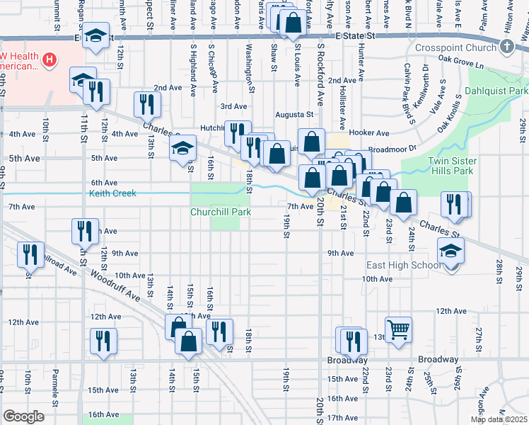 map of restaurants, bars, coffee shops, grocery stores, and more near 2221 7th Avenue in Rockford